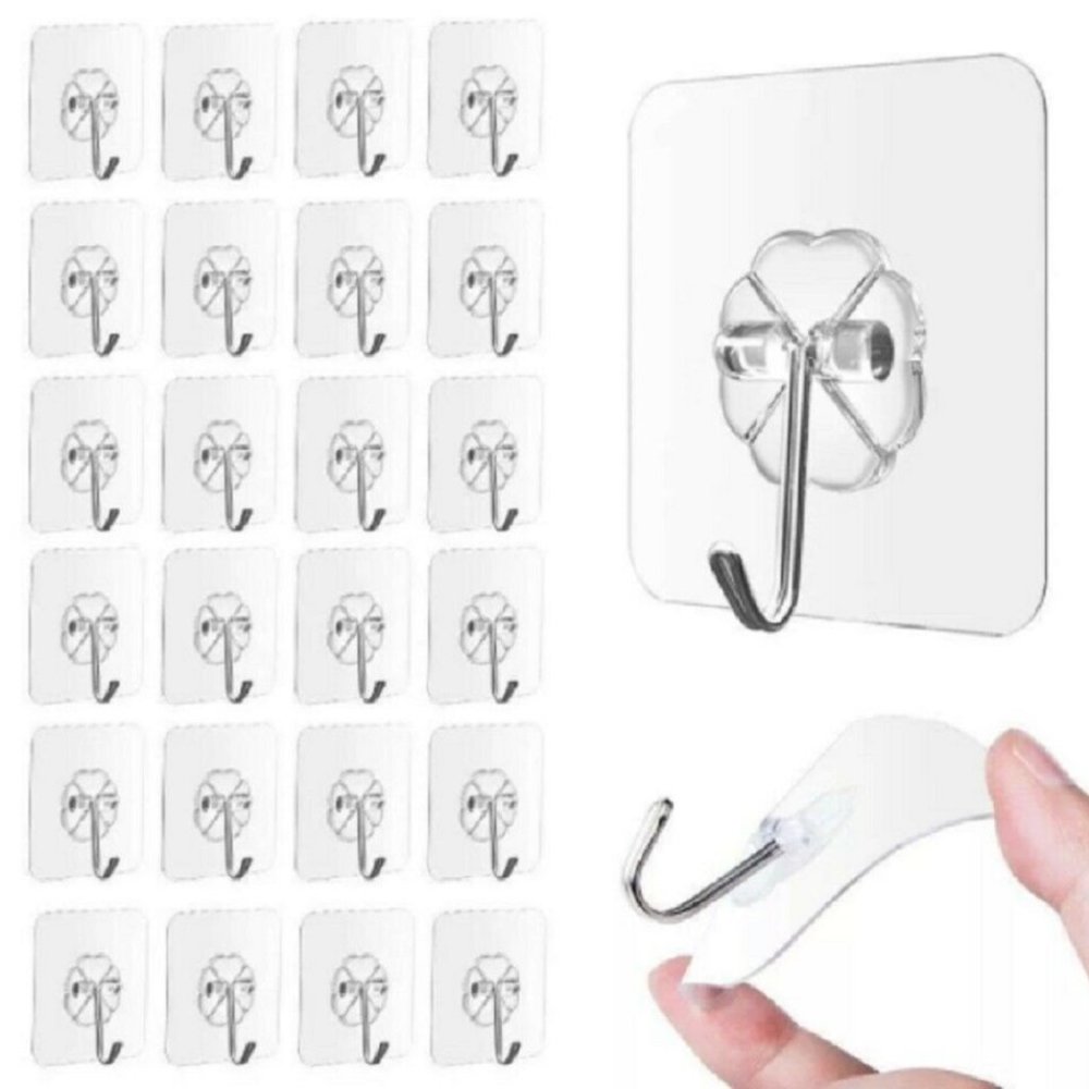 24 Pcs Transparent Adhesive Wall Hooks - Heavy Duty, Seamless, Stick-On Hangers